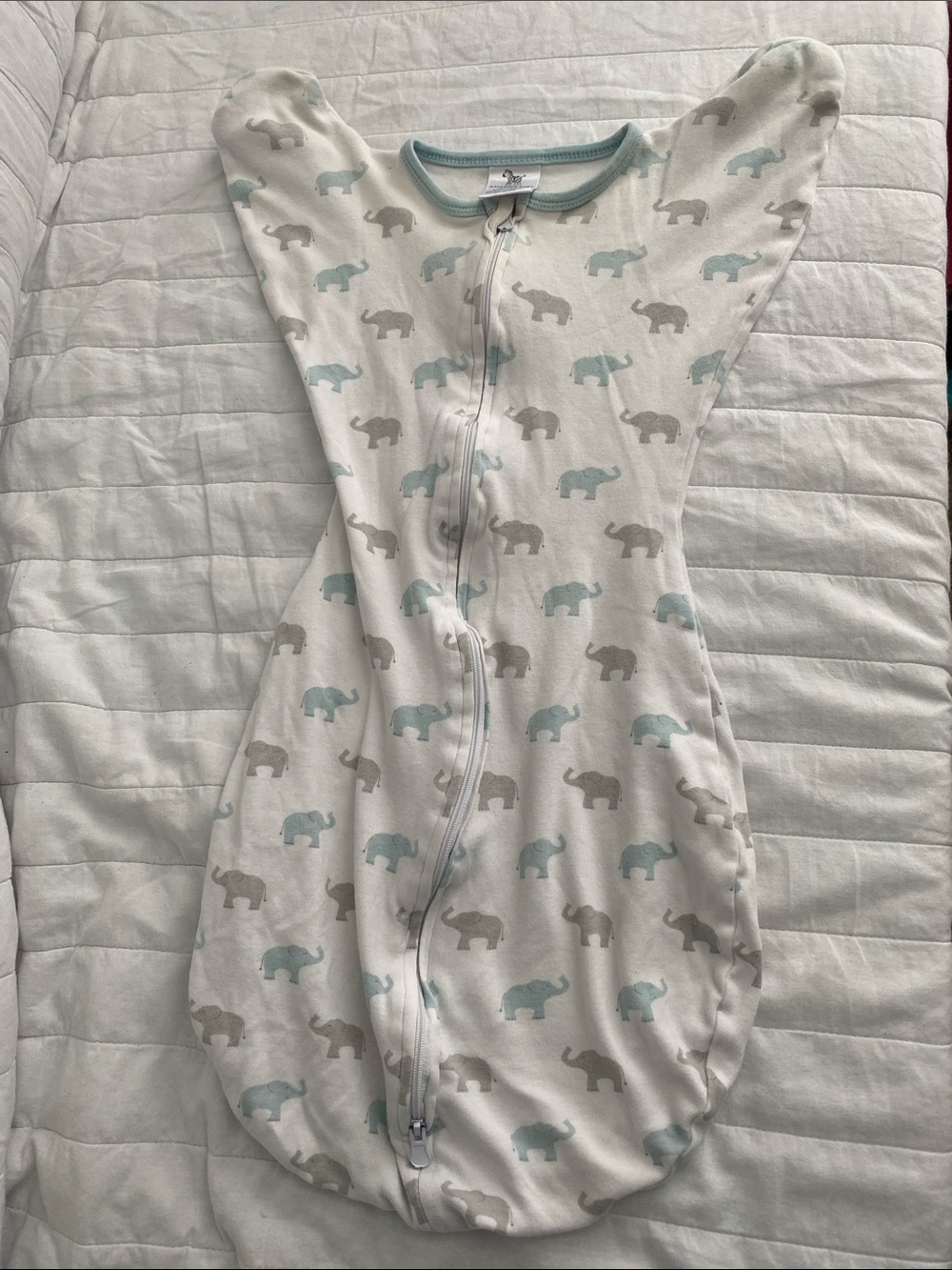 Baby Swaddle Sleep Sack - White with Blue & Gray Elephant Print
